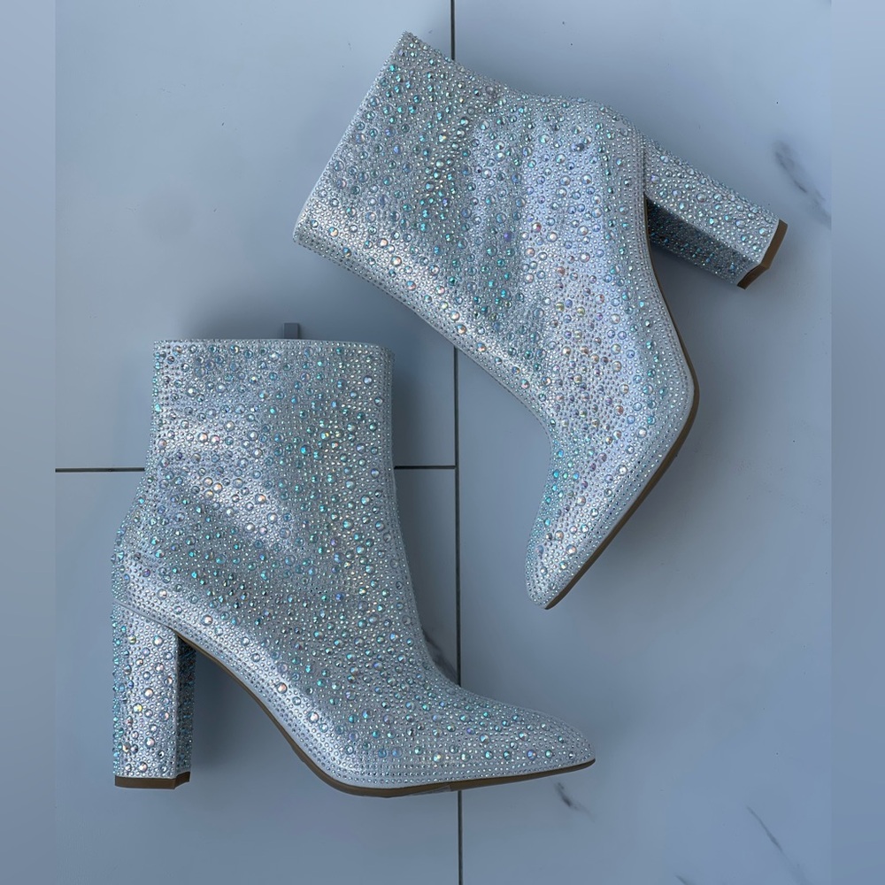 Silver rhinestones ankle boots
